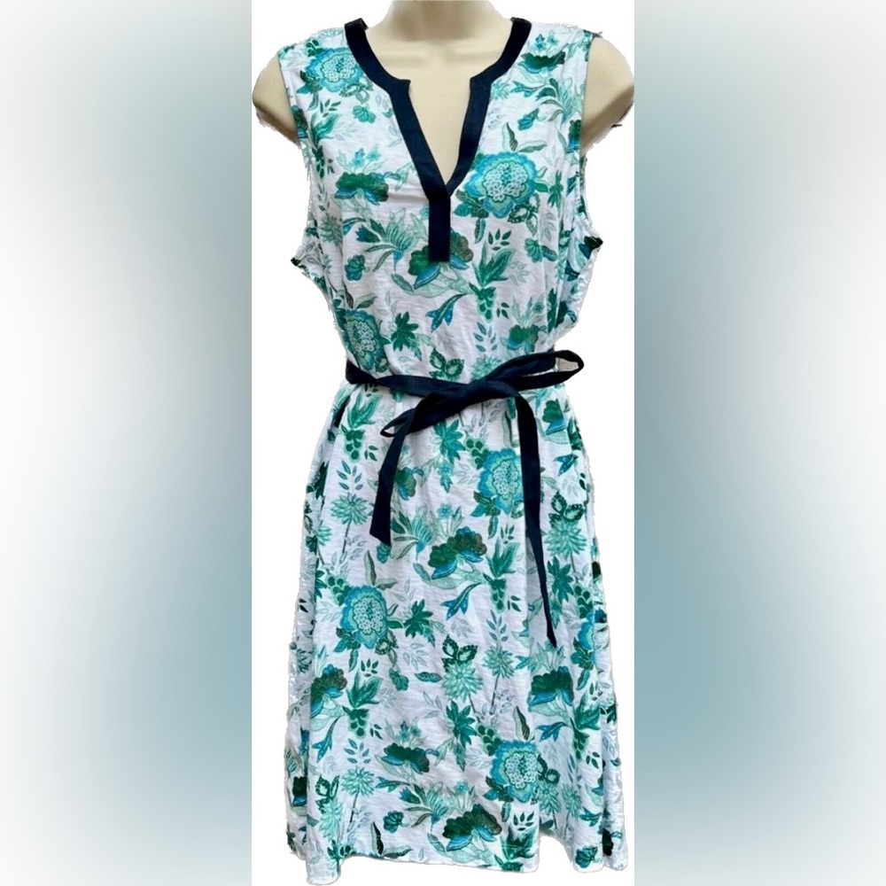 TOMMY Bahama White Green Blue Sleeveless Dress Floral Belted Trim Sz Medium M